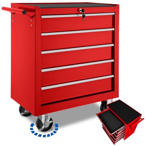 tectake® Werkzeug Wagen mit 5 Schubladen, Werkstattwagen, Tool Werkzeugwagen fahrbar, Werkzeugtrolley, Werkzeugkiste groß, Werkzeugkoffer leer, Stahlschrank - rot von tectake