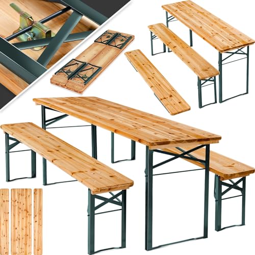 tectake 400871 Bierzeltgarnitur klappbar, 3-teilige Festzeltgarnitur mit Tisch und Bänken, 177 x 46 x 77 cm, Biertisch + Bierbänke Set, Holz von tectake