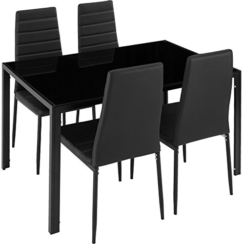 tectake 402837 Esszimmergruppe mit 4 Stühlen, Tisch mit Glasplatte, Essgruppe für 4 Personen, 4er Set Esszimmerstühle mit Esstisch, für Wohnzimmer Küche Büro, schwarz von tectake