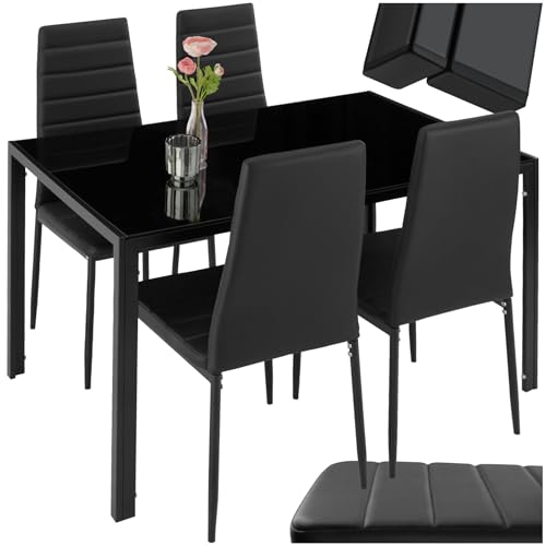 tectake Essgruppe Set Tisch und Stühle, Esstisch und 4X Stuhl, strapazierfähiges Kunstleder, Tischplatte aus Sicherheitsglas, Küchenstühle modern, Küche - schwarz von tectake