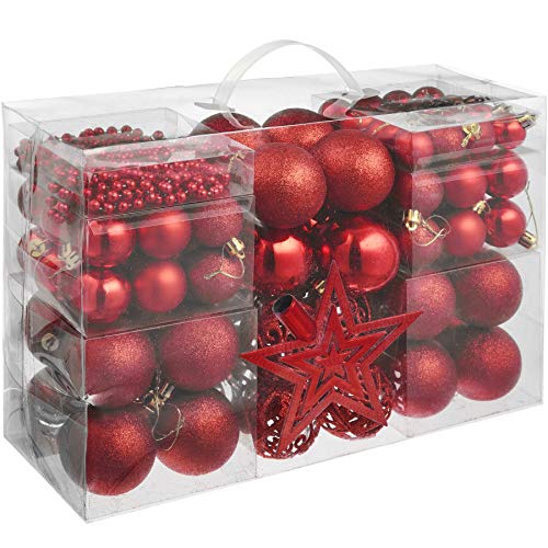 tectake 403324 86er Set Christbaumkugeln mit Matter, glänzender und glitzernder Oberfläche, Stern und Perlenkette, Weihnachtskugeln aus robustem Material, bruchsicher, rot von tectake