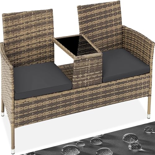 tectake 404560 Poly Rattan Gartenbank mit Tisch, 2-Sitzer Bank, 131 x 61 x 82 cm, Sitzbank für Garten Balkon und Terrasse, Gartensitzbank inkl. Sitzkissen, Natur-dunkelgrau von tectake