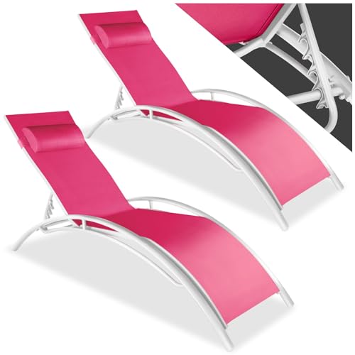 tectake 2er Set Gartenliege, Aluminium Sonnenliege, wetterfest, ideal für Garten, Balkon, Terrasse, praktischer Liegestuhl, inklusive Kopfpolster, 5-Fach verstellbare Rückenlehne - pink von tectake