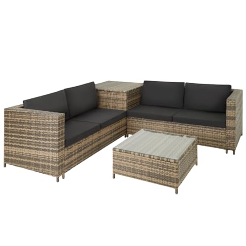 tectake Polyrattan Sitzgruppe für 4 Personen, Balkon Garnitur mit Sitzkissen, Aufbewahrungsbox draußen sowie Outdoor Couchtisch mit Glasplatte, Balkonmöbel Rattan - schwarz von tectake