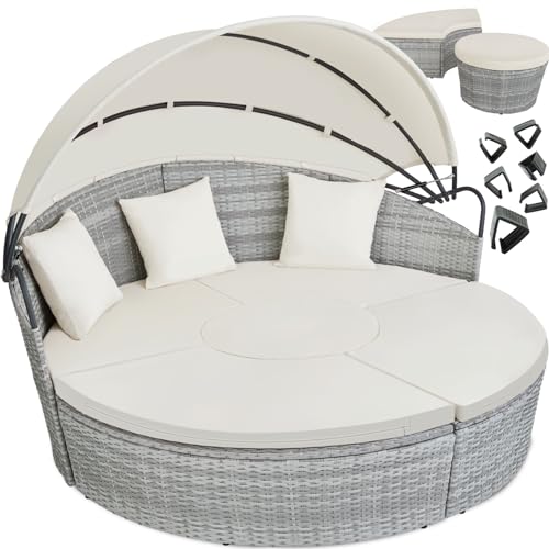 tectake Sonneninsel, Gartenliege, Muschel Sonnenliege, Aluminium Polyrattan Lounge mit klappbarem Sonnendach, wasserabweisend, Relaxliege Outdoor inkl. Kissen & Auflagen, 180 x 171 x 138 cm - hellgrau von tectake