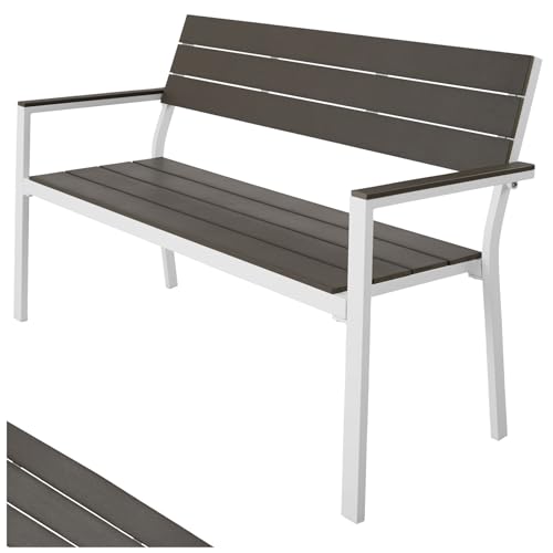 tectake® Gartenbank, Bank in Holzoptik, Parkbank als Gartenmöbel, Balkonbank Sitzbank für Wintergarten, Terrasse, Garten bis 250 kg belastbar, 2-Sitzer Parkbank, 128 x 59 x 88 cm - hellgrau/weiß von tectake