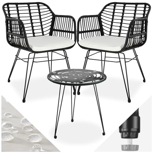 tectake® Outdoor Rattan Sitzgruppe, Möbel für 2 Personen, 3-TLG. Bistroset, Balkonmöbel, Gartenmöbel Set mit 2X Stühle + Tisch, kleine Lounge wetterfest für Garten Balkon Terrasse schwarz von tectake