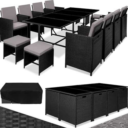 tectake Gartenlounge Set, Polyrattan Gartenmöbel Set, 8+4+1 Sitzgruppe, 8 Stühle 4 Hocker 1 Tisch, Balkon Möbel als Würfel verstaubar, inkl. Schutzhülle, für Garten, Balkon, Terrasse - schwarz/grau von tectake