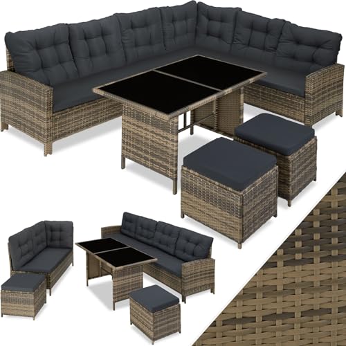 tectake Polyrattan Lounge Set, Gartenmöbel Set mit Sofa, Hocker + Tisch, Balkon Möbel Outdoor, 5-teilige Sitzgruppe, inkl. Sitz- & Rückenkissen, ideal für Garten, Terrasse, Balkon - Natur von tectake