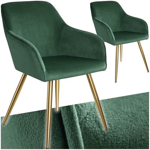 tectake® Esszimmerstühle mit Armlehne, Stuhl, Samt Polster Stühle, Möbel für Esstisch, Schminktisch, Wohnzimmer, Esszimmer, Arbeitszimmer, ergonomischer Dining Chair - dunkelgrün/Gold, 2er Set von tectake