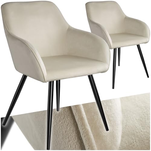 tectake® 2er Set Esszimmer Stuhl, Esszimmerstühle mit Sitzfläche aus Samt, Armlehnstuhl, Sessel Wohnzimmer, gepolsterter Office Chair, Schminktisch Stuhl, gemütlicher Küchenstuhl - crème/schwarz von tectake