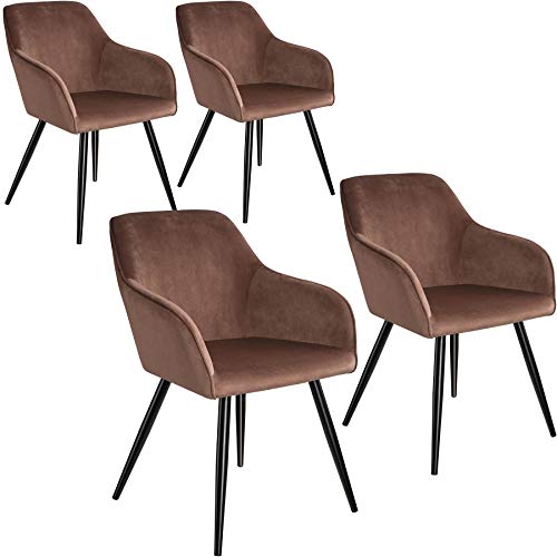 tectake 4er Set moderner Esszimmer Stuhl, Sitzfläche aus Samt, Armlehnstuhl, Sessel Wohnzimmer, gepolsterter Office Chair mit schwarzen Metallbeinen, Schminktisch Stuhl - braun/schwarz von tectake