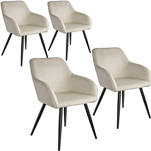 tectake 4er Set moderner Esszimmer Stuhl, Sitzfläche aus Samt, Armlehnstuhl, Sessel Wohnzimmer, gepolsterter Office Chair mit schwarzen Metallbeinen, Schminktisch Stuhl - Creme/schwarz von tectake