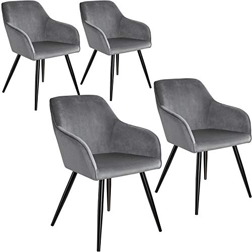 tectake 4er Set moderner Esszimmer Stuhl, Sitzfläche aus Samt, Armlehnstuhl, Sessel Wohnzimmer, gepolsterter Office Chair mit schwarzen Metallbeinen, Schminktisch Stuhl - grau/schwarz von tectake