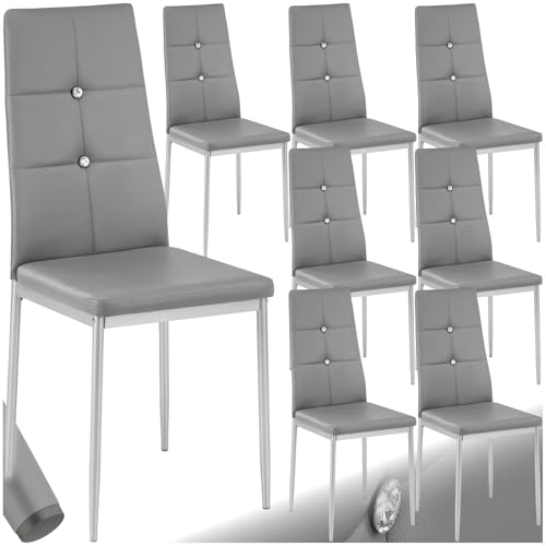 tectake® 8er Set Stühle Esszimmer, 8X bequemer Stuhl Kunstleder mit Glitzersteinen, Esszimmerstühle, Polsterstuhl für Wohnzimmer, Dining Table, Küchentisch, Essstühle, hohe Rückenlehne - grau von tectake