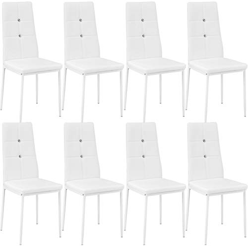 tectake 800882 8er Set Esszimmerstuhl, Kunstleder Stuhl mit hoher Rückenlehne und Glitzsteinen, bis 120 kg belastbar, 40 x 42 x 97 cm (8X Weiß | Nr. 404125) von tectake