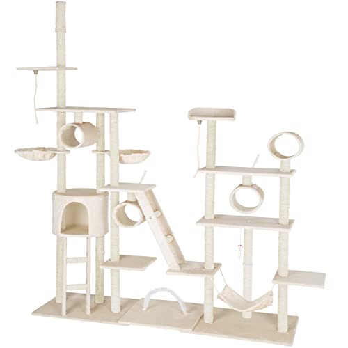 tectake 800918 XXL Katzen Kratzbaum mit 2 Spielseilen, 4 Röhren, 2 Treppen, 2 Liegemulden, Häuschen und Hängematte, deckenhoch (Beige | Nr. 403916) von tectake