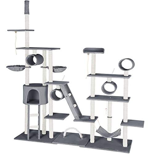 tectake 800918 XXL Katzen Kratzbaum mit 2 Spielseilen, 4 Röhren, 2 Treppen, 2 Liegemulden, Häuschen und Hängematte, deckenhoch (Grau | Nr. 403917) von tectake