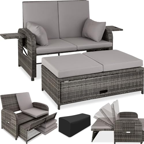 tectake® Poly Rattan Geflecht Lounge Set mit Hocker, Polsteraufbewahrung, 2er Sofa, Couch mit Verstellbarer Rückenlehne, wetterfest, Möbel für Balkon, Garten, Terrasse, Schutzhülle - grau von tectake