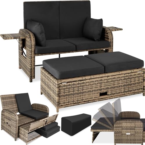 tectake® Poly Rattan Geflecht Lounge Set mit Hocker, Polsteraufbewahrung, 2er Sofa, Couch mit Verstellbarer Rückenlehne, wetterfest, Möbel für Balkon, Garten, Terrasse, Schutzhülle - Natur von tectake