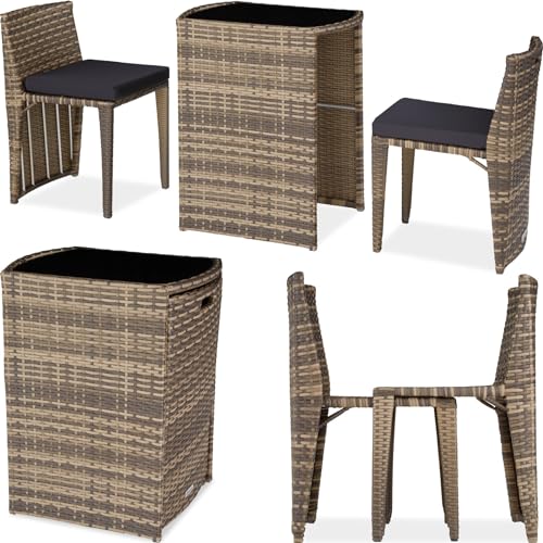 tectake® Poly Rattan Bistroset, platzsparend zusammenschiebbar, Gartenmöbel Set mit 2 Stühlen & Tisch, Outdoor Möbel, Sitzgruppe für Garten, Wintergarten, Balkon Terrasse - Natur von tectake