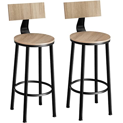 tectake® 2er Set Barhocker mit Lehne, runder Bistrohocker im Industrie-Design, Tresenhocker, Vintage Barstühle mit Fußstütze und Rückenlehne, Metallgestell (Industrial Holz hell, Eiche Sonoma) von tectake