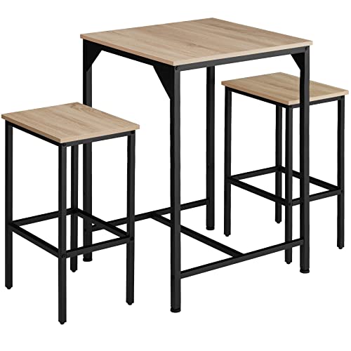 tectake Bartisch Set 3-teilig, Stehtisch mit 2 Barhockern, Industrie-Design, 60 x 60 x 91 cm, Vintage Tischset mit Bistrotisch + Hocker, schwarzes Metallgestell (Industrial Holz hell, Eiche Sonoma) von tectake