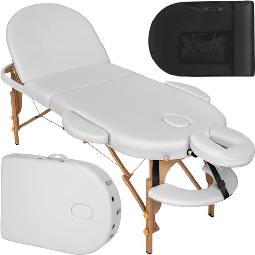 tectake® Mobile Massageliege, ovale Massage Liege mit 3 Zonen klappbar, höhenverstellbar, extra Dicke Polsterung, Vinylbezug, mit Kopf- und Armstützen, Zubehör Transporttasche - weiß von tectake