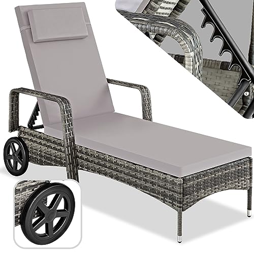 tectake® Aluminium Rattan Sonnenliege mit Armlehne und Rollen, Outdoor Polyrattan Gartenliege mit 6-Fach höhenverstellbarer Rückenlehne (bis 150 kg), Balkon Möbel oder Garten Möbel - grau von tectake