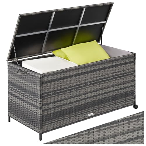 tectake® Poly Rattan Gartenbox wetterfest, outdoor Box mit Deckel, Auflagenbox, rollbar, Aufbewahrungsbox für Garten, Terrasse und Balkon, 117 x 54 x 64 cm, 297l - grau von tectake