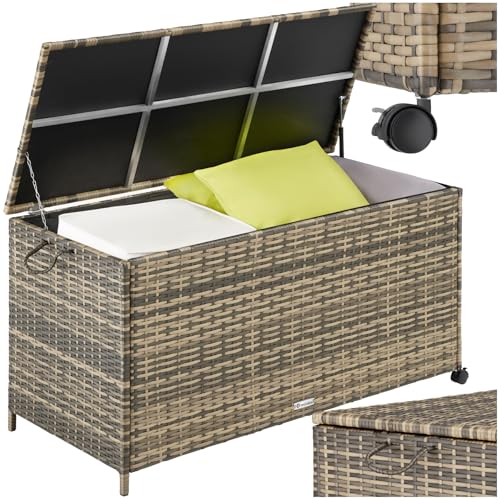 tectake® Poly Rattan Gartenbox wetterfest, outdoor Box mit Deckel, Auflagenbox, rollbar, Aufbewahrungsbox für Garten, Terrasse und Balkon, 117 x 54 x 64 cm, 297l - natur von tectake