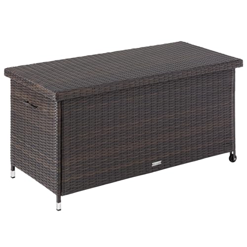 tectake® Poly Rattan Auflagenbox wetterfest, abschließbare Box mit Deckel, outdoor Aufbewahrungskiste mit Innentasche, Kissenbox 270L, rollbar, für Garten, Terrasse, Balkonmöbel - braun von tectake