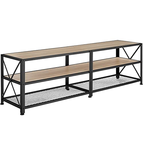 tectake TV-Schrank, Lowboard für Fernseher bis zu 60/70 Zoll, 141/161 cm, Industrie-Design, Fernsehtisch mit offenen Ablagen, Holz, schwarzes Metallgestell (Industrial Holz hell, Eiche Sonoma, 161 cm) von tectake