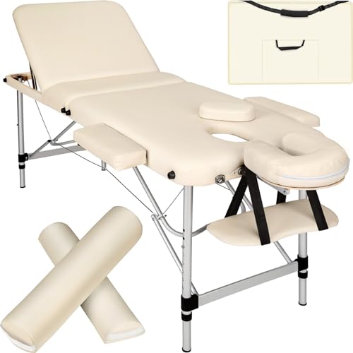 tectake® Massageliege, klappbar, höhenverstellbar, Massagetisch mit 3 Zonen, Massagebank, Kosmetikliege inkl. Zubehör Tasche, Voll- und Halbrolle, Möbel für Kosmetik, Massage, Tattoo - beige von tectake