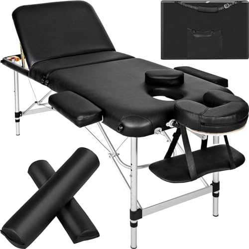 tectake® Massageliege, klappbar, höhenverstellbar, Massagetisch mit 3 Zonen, Massagebank, Kosmetikliege inkl. Zubehör Tasche, Voll- und Halbrolle, Möbel für Kosmetik, Massage, Tattoo - schwarz von tectake