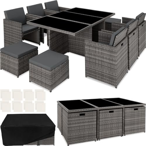 tectake Polyrattan Gartenmöbel Set, Sitzgruppe mit 6 Stühle +1 Glasplatte Tisch + 4 Hocker, Gartenlounge Set klappbar, für bis zu 10 Personen, Balkon Möbel, inkl. Schutzhülle und 2 Bezugsset - grau von tectake