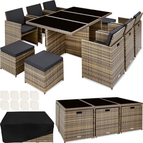 tectake Polyrattan Gartenmöbel Set, Sitzgruppe mit 6 Stühle +1 Glasplatte Tisch + 4 Hocker, Gartenlounge Set klappbar, für bis zu 10 Personen, Balkon Möbel, inkl. Schutzhülle und 2 Bezugsset - Natur von tectake