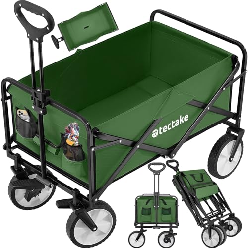 tectake Bollerwagen faltbar, Transportwagen klappbar, mit Tasche, Handwagen zum Ziehen, breite Gummireifen, Faltbarer Trolley zum Transport, für den Strand, im Garten, belastbar bis 80kg (grün) von tectake