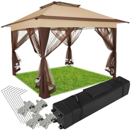tectake Faltpavillon mit wasserabweisendem Doppeldach mit UV-Schutz, 364 x 364 x 294 cm, Gartenpavillon mit 4 Moskitonetz Seitenteilen, faltbar, Pavillon inkl. Transporttasche mit Rollen - braun von tectake