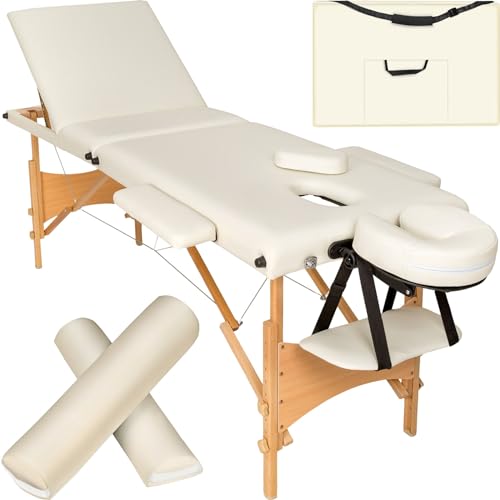 tectake® 3 Zonen Massageliege, belastbar bis 250kg, Mobile Massagebank, Set mit Zubehör, Polsterung, Rollen, Holzgestell, Tragetasche, als Kosmetik Stuhl, Möbel für Studio, höhenverstellbar - beige von tectake