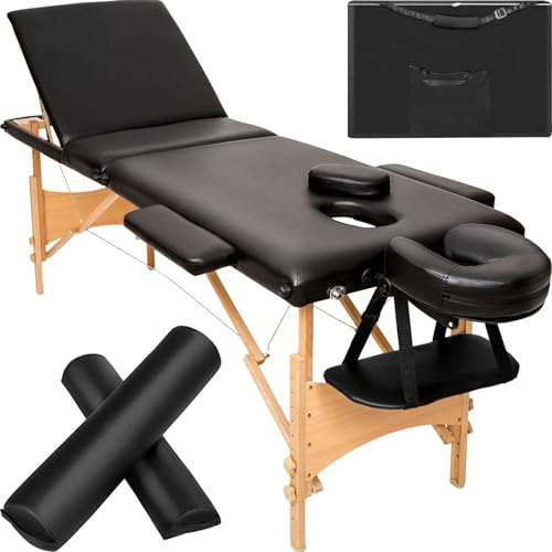 tectake® 3 Zonen Massageliege, belastbar bis 250kg, Mobile Massagebank, Set mit Zubehör, Polsterung, Rollen, Holzgestell, Tragetasche, als Kosmetik Stuhl, Möbel für Studio, höhenverstellbar - schwarz von tectake