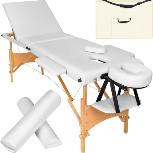 tectake® 3 Zonen Massageliege, belastbar bis 250kg, Mobile Massagebank, Set mit Zubehör, Polsterung, Rollen, Holzgestell, Tragetasche, als Kosmetik Stuhl, Möbel für Studio, höhenverstellbar - weiß von tectake