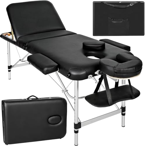 tectake® Massageliege 3 Zonen, Massagetisch, Massageliege klappbar, höhenverstellbare Aluminium Massageliege, Massagebett tragbar inkl. Zubehör, Alu-Kopfstütze, Armlehne und Tragetasche - schwarz von tectake