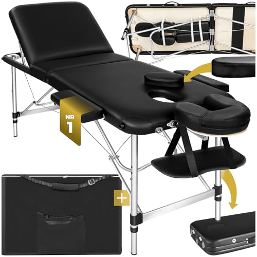 tectake® Massageliege 3 Zonen, Massagetisch, Massageliege klappbar, höhenverstellbare Aluminium Massageliege, Massagebett tragbar inkl. Zubehör, Alu-Kopfstütze, Armlehne und Tragetasche - schwarz von tectake