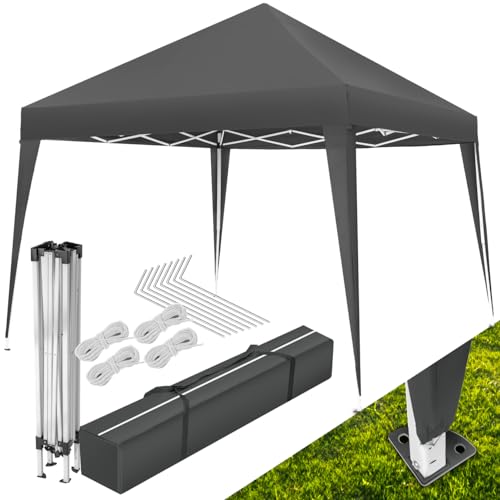 tectake® Pavillon 3x3, Gartenpavillon 3x3, wasserabweisend, höhenverstellbarer Faltpavillon mit Pop Up Klicksystem, Partyzelt für Garten, Festival, Camping, mit Spannseile, Heringe und Tasche - grau von tectake