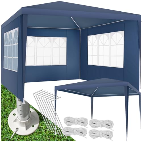 tectake® Pavillon 3x3 m, Zelt groß, wasserdicht, für Garten und Camping, Gartenpavillon, Partyzelt, Event Shelter, Festzelt, Gartenpavillon 3x3 m mit 3 Seitenwänden mit Fenstern, inkl. Heringe - blau von tectake