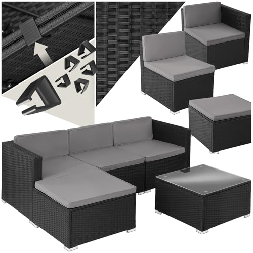 tectake® Poly Rattan Lounge, Outdoor Sitzgruppe, Set mit Sofa Sessel, Hocker, Tisch, frei kombinierbar, Sitzecke für 3-4 Personen, Möbel wetterfest für Garten Terrasse Balkon - schwarz von tectake