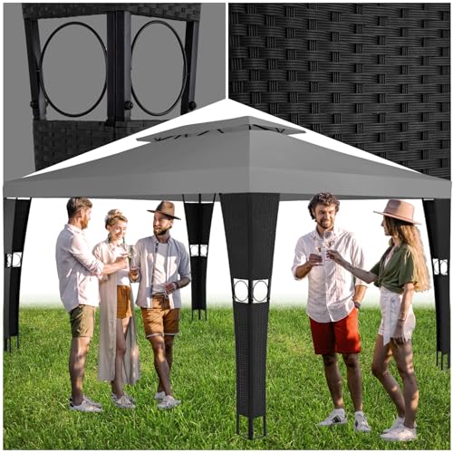 tectake Poly Rattan Pavillon 3x4m, Doppeldach-System für Gute Luftzirkulation, wasserabweisend, Gartenpavillon, Festzelt für Garten & Terrasse (Schwarz Anthrazit) von tectake