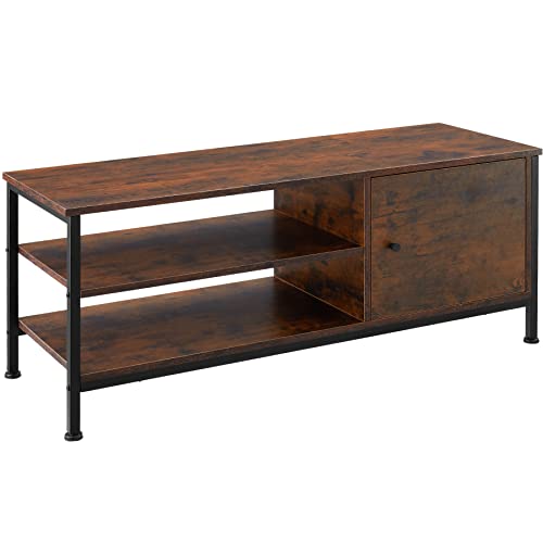 tectake TV-Regal mit 2 offenen Fächern, Lowboard im Industrie-Design, Fernsehtisch mit Staufach mit Tür, 110 x 40 x 45,5 cm, Holz, schwarzes Metallgestell (Industrial Dunkelbraun) von tectake