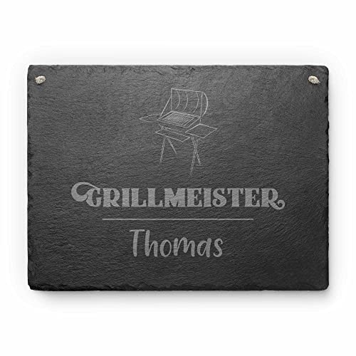 TecTonia Servierbrett Grillmeister aus Schiefer mit Gravur | Servierplatte personalisiert mit Wunschnamen + wählbares Grillmotiv | Geschenkidee Grilltafel Servierplatte von TecTonia